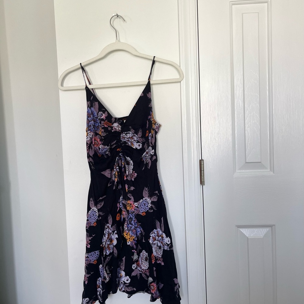 Floral Black Dress with Ruched and Tie Detailing